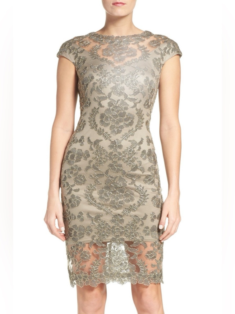 Tadashi Shoji Sequin Paillette Embroidered Lace Dress Smoke Pearl Size 18Q
